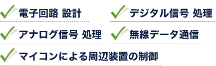 電子回路設計、デジタル信号処理、アナログ信号処理、無線データ通信、マイコンによる周辺装置の制御